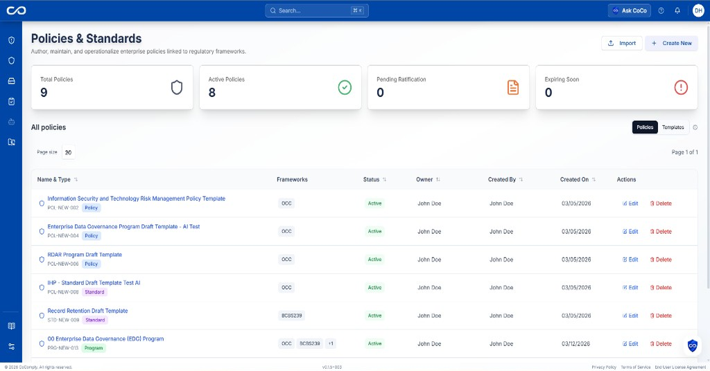Policies & Standards library showing policy list, frameworks, status, and audit actions